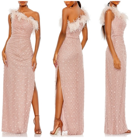 NWT Mac Duggal 68139 Embellished One Shoulder Gown Ostrich Feathers Rose Pink 8 - Picture 1 of 14